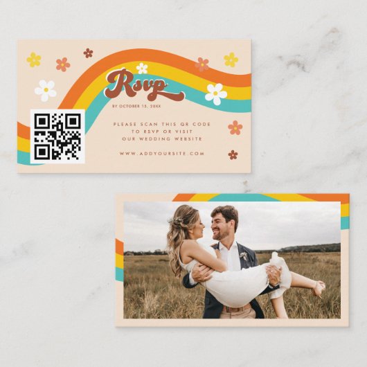 レトログルーヴィデイジー70代ウェディングRSVPヒッピー エンクロージャーカード (正面/裏面)