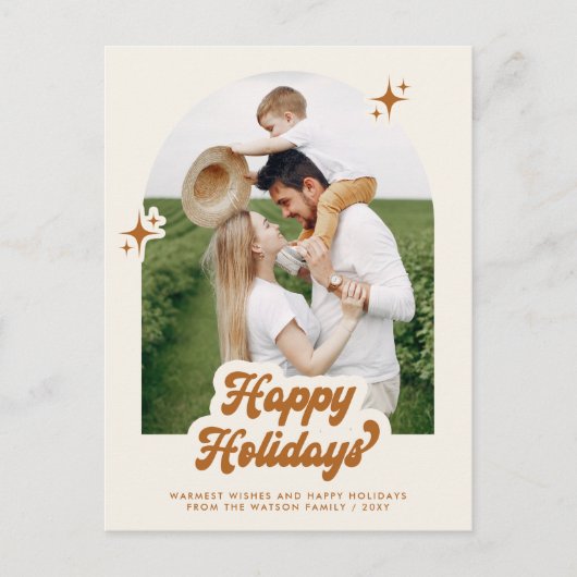 レトログルーヴィハッピーホリデーズタイポグラフィ写真 シーズンポストカード (正面)