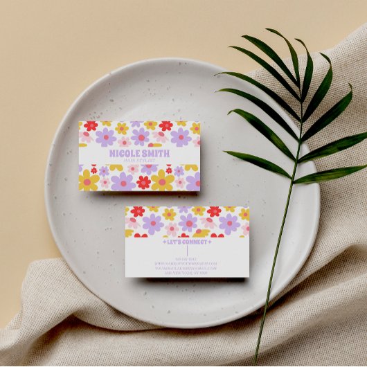 レトログルーヴィパープルカラフルフローラ美容師 名刺