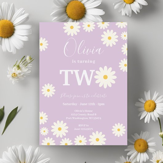 レトログルーヴィパープルデイジーフローラ誕生日パーティー 招待状