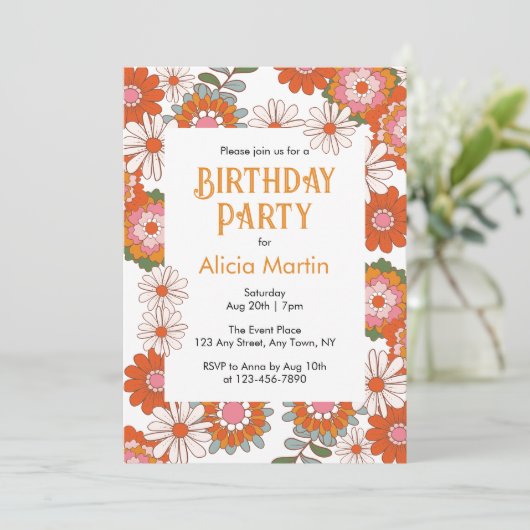 レトログルーヴィヒッパイフローラ&リーフカラフル誕生日 招待状 (スタンド正面)