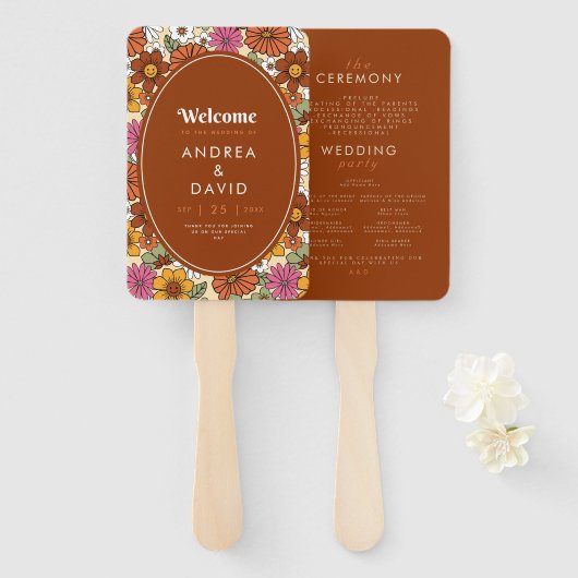 レトログルーヴィヒッピーデイジーフローラテラコッタ70s ハンドファン (正面&裏面)