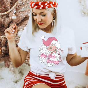レトログルーヴィビッグニックサンタエナジーピンクサンタクリスマス Tシャツ
