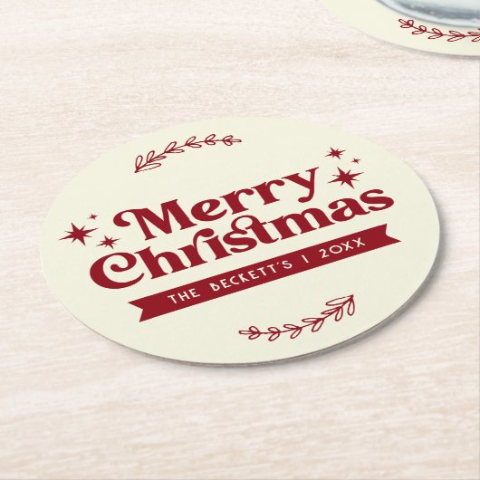 レトログルーヴィメリークリスマスホリデー ラウンドペーパーコースター (アングル)