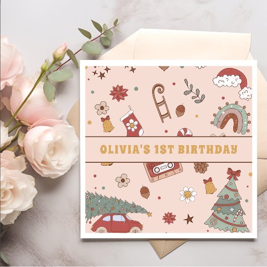 レトログルーヴィレインボークリスマスツリー誕生日パーティー スタンダードカクテルナプキン