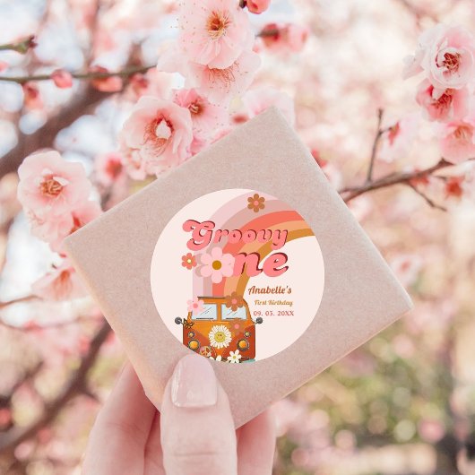 レトログルーヴィワンデイジーフラワーバースデーパーティー ラウンドシール