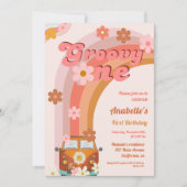 レトログルーヴィワンデイジーフラワーバースデーパーティー 招待状 (正面)