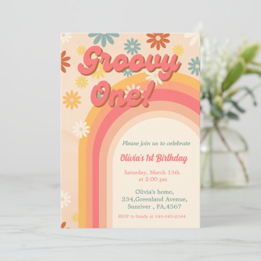 レトログルーヴィワンデイジーフラワー最初の誕生日 招待状 (スタンド正面)