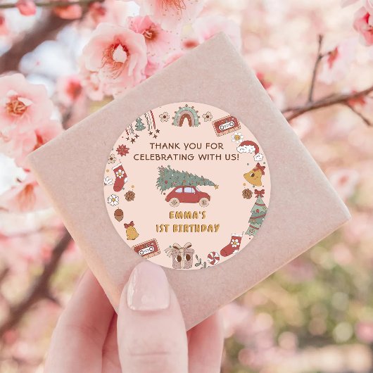 レトログルーヴィートラッククリスマスバースデーパーティー ラウンドシール