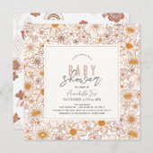 レトログルーヴィーピンクフローラガールベビーシャワー 招待状 (正面/裏面)