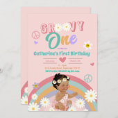 レトログルーヴィーワンダークヘアファースト誕生日インビタティ 招待状 (正面/裏面)