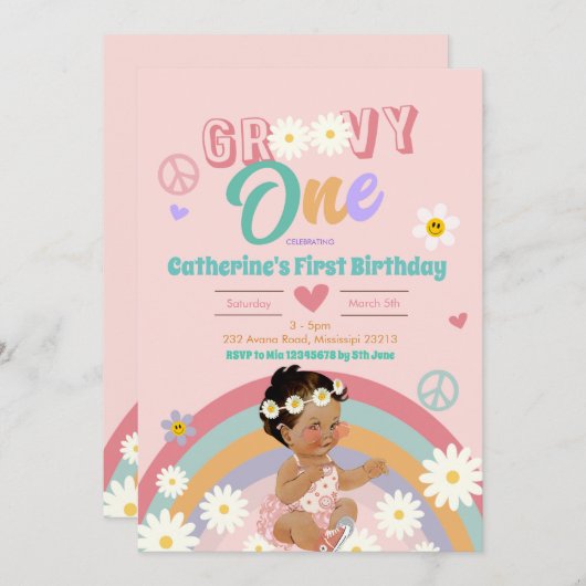 レトログルーヴィーワンダークヘアファースト誕生日インビタティ 招待状 (正面/裏面)