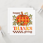 レトログルーヴィ市松模様にパンプキンデイジー感謝祭 カード (正面/裏面インサイチュ)