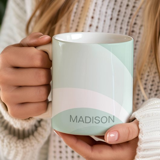 レトログルーヴィ抽象芸術ティール（緑がかった色）グリーンクリーム名前をカスタムする コーヒーマグカップ