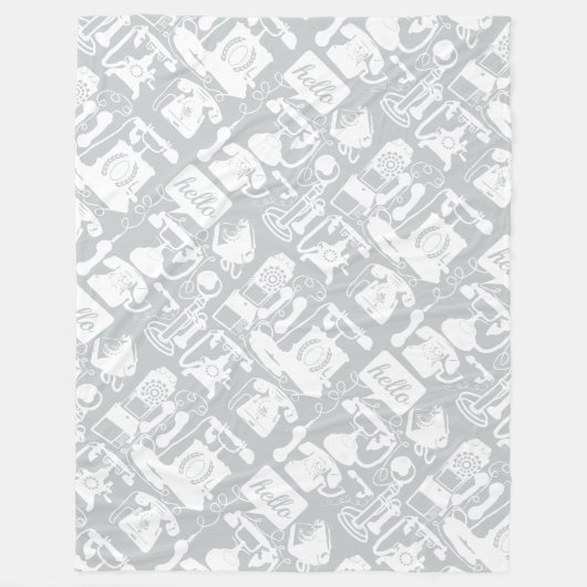 レトログレーまたは任意の色と白の電話パターン フリースブランケット (正面)