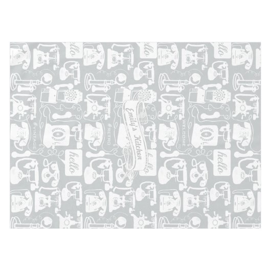 レトログレーまたは任意の色の電話パターン テーブルクロス (正面(横))