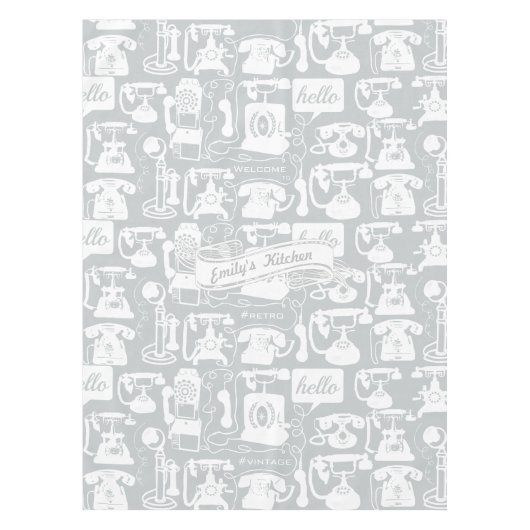 レトログレーまたは任意の色の電話パターン テーブルクロス (正面)