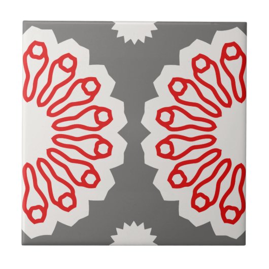 レトログレー赤と白の民族幾何学模様 タイル (正面)