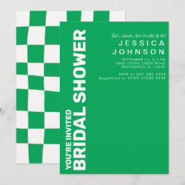 レトロケリーグリーンホワイトチェッカーボードブライダルシャワー 招待状