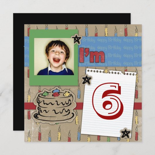 レトロケーキキャンドルボーイ写真バースデー招待状 招待状 (正面/裏面)