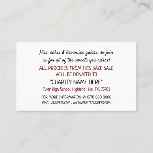 レトロケーキデザイン、チャリティベイクセールイベント広告 名刺 (裏面)