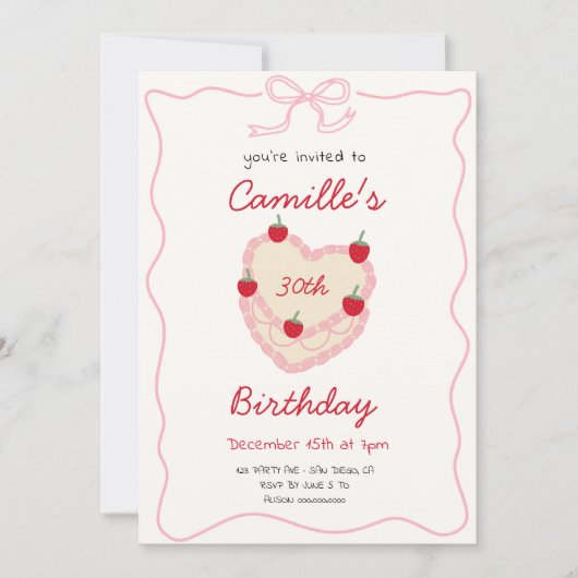 レトロケーキ&ストロベリー誕生日 招待状 (正面)