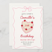 レトロケーキ&ストロベリー誕生日 招待状 (正面/裏面)