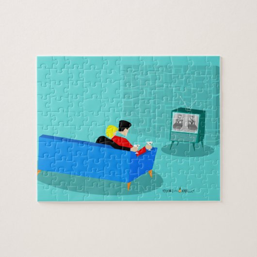 レトロゲイカップル視聴TVパズル ジグソーパズル (横)