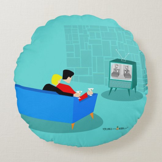 レトロゲイカップルTVラウンドピローを見る ラウンドクッション (正面)