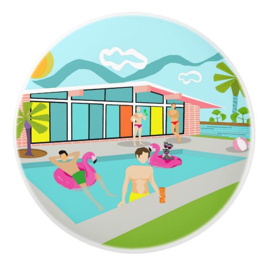 レトロゲイピンクフラミンゴプールパーティー セラミックノブ (正面)