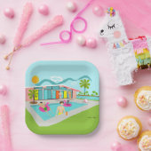 レトロゲイピンクフラミンゴプールパーティー ペーパープレート (パーティー)