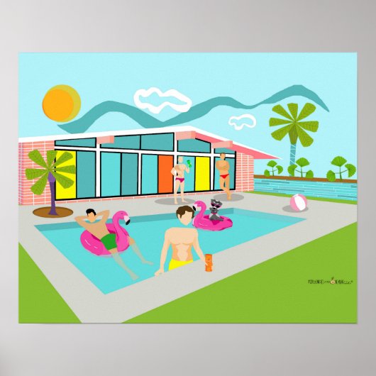 レトロゲイピンクフラミンゴプールパーティー ポスター (正面)