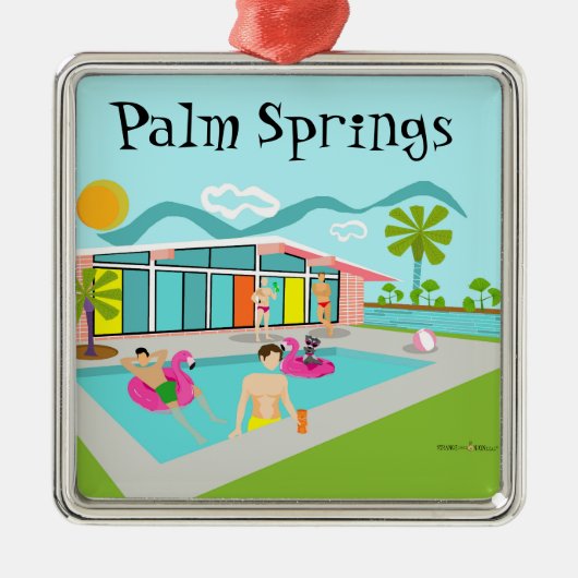 レトロゲイピンクフラミンゴプールパーティー メタルオーナメント (正面)