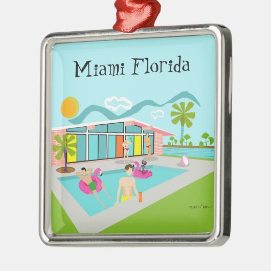 レトロゲイピンクフラミンゴプールパーティー メタルオーナメント (左)