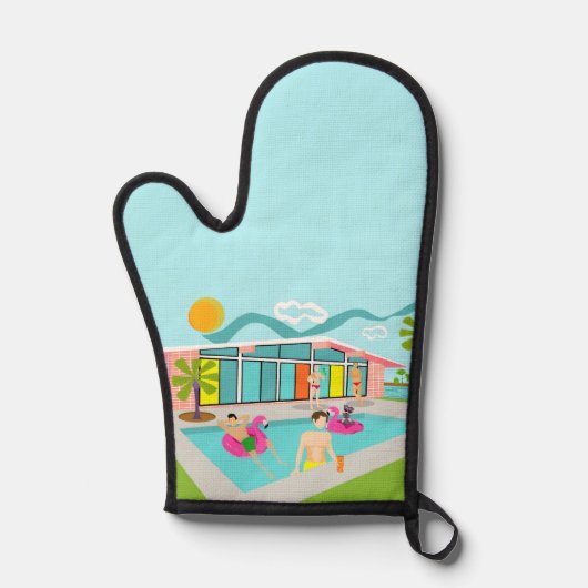 レトロゲイピンクフラミンゴプールパーティー 鍋つかみ (正面)