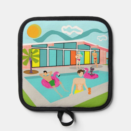 レトロゲイピンクフラミンゴプールパーティー 鍋敷き (正面)