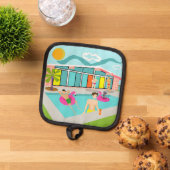 レトロゲイピンクフラミンゴプールパーティー 鍋敷き (トップダウン)