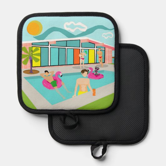 レトロゲイピンクフラミンゴプールパーティー 鍋敷き (正面/裏面)