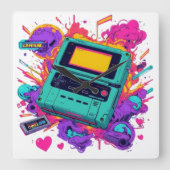 レトロゲーマークロック – 90sネオンアーケードデコール スクエア壁時計 (正面)