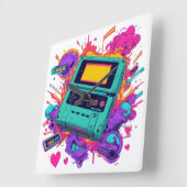 レトロゲーマークロック – 90sネオンアーケードデコール スクエア壁時計 (傾斜)