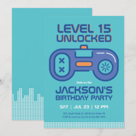 レトロゲーマーボーイティール（緑がかった色）ブルービデオゲーム誕生日 招待状