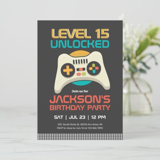レトロゲーマーボーイレベル解除ビデオゲーム誕生日 招待状 (スタンド正面)