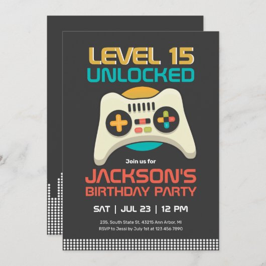 レトロゲーマー少年レベルアンロックビデオゲーム誕生日 招待状 (正面/裏面)