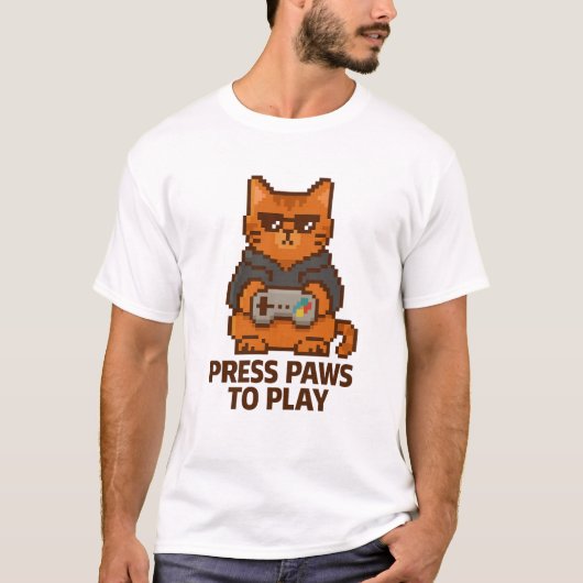 レトロゲーマー猫 – 押し手で遊Pixel Art Tee Tシャツ (正面)