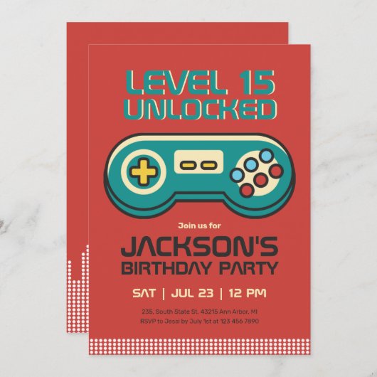 レトロゲーミングビデオゲームプレーヤーゲーマーボーイ誕生日 招待状 (正面/裏面)