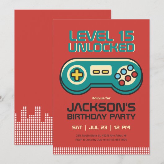 レトロゲームのビデオゲームプレーヤー ゲーマー少年 誕生日 招待状 (正面/裏面)