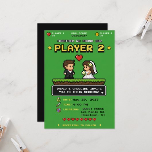 レトロゲームの明るい緑色の楽しい結婚式 招待状 (正面/裏面インサイチュ)