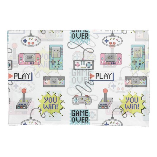 レトロゲームコントローラカラフル:シームレスパターン 枕カバー (正面)