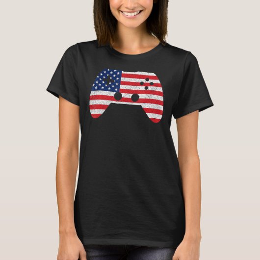 レトロゲームコントローラー アメリカ国旗 7月4日 Tシャツ (正面)