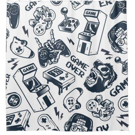 レトロゲームヴィンテージパターン。 シャワーカーテン (正面)